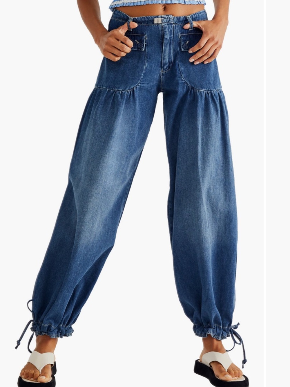 Wide-Leg Indigo Denim Jogger Jeans with Drawstring Ankles